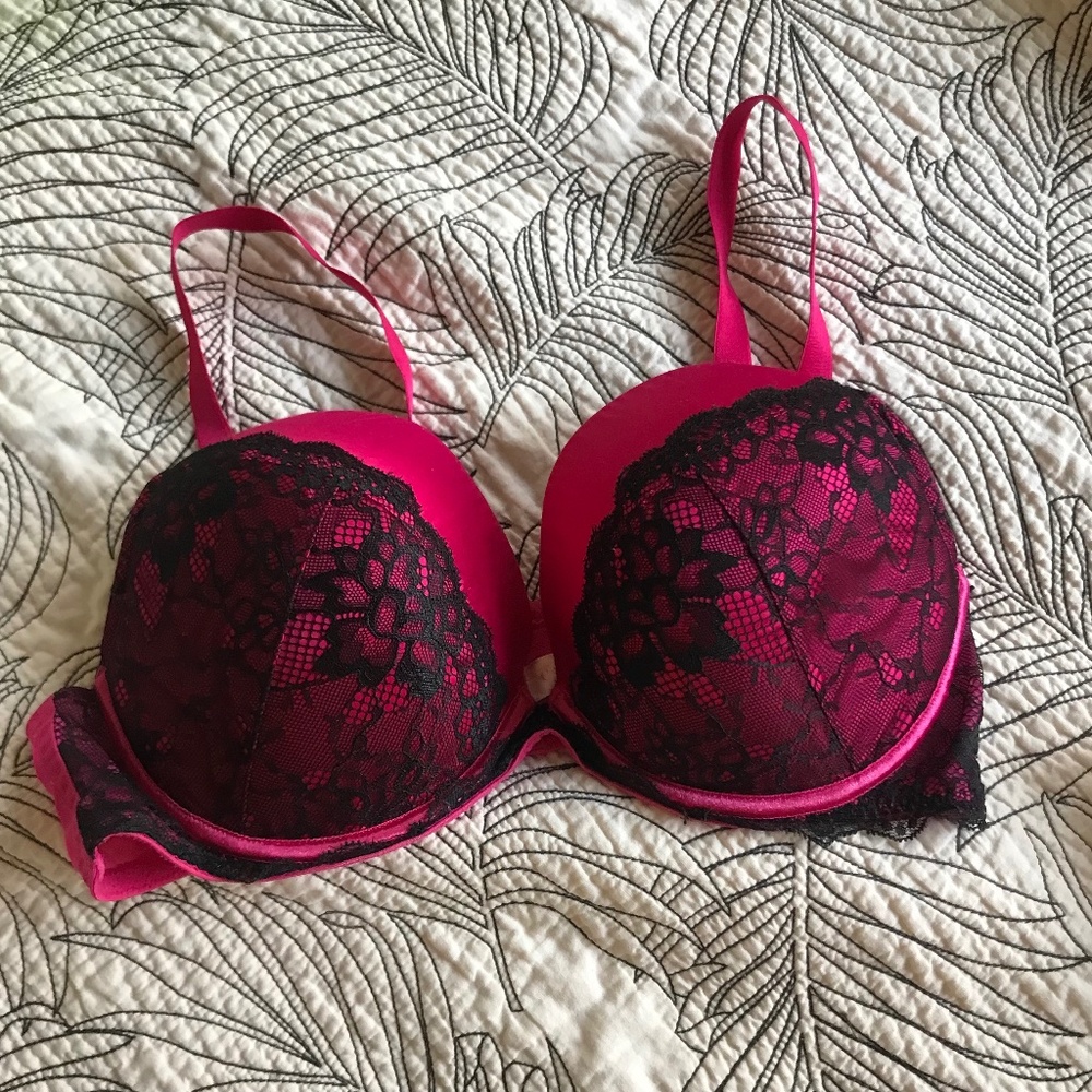 Cacique Bra 42C Satin Lace Pink black Underwire Push up plus size seriously sexy